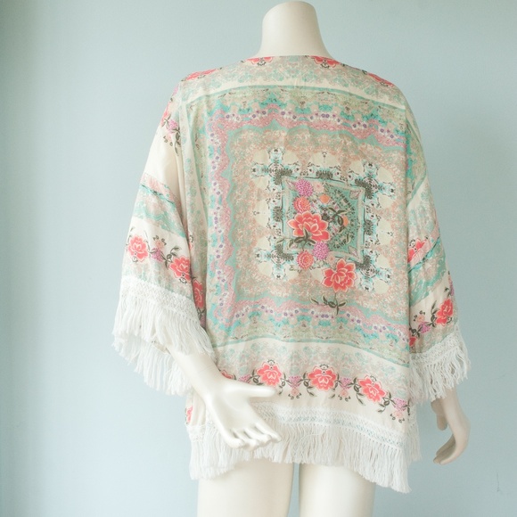 ZAPA Basic Boho Floral Fringe Kimono Coverup - Picture 9 of 10